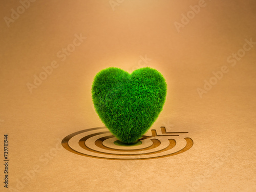 Reuse, reduce, recycle. Eco sustainability goal, environmental responsibility, earth protect, love and care concepts. Green grass heart-shape standing on big target icon on recycle paper background.