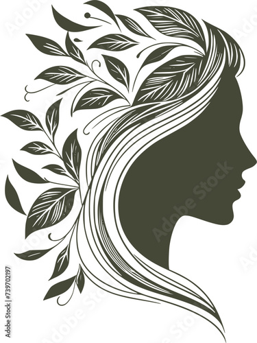 Silhouette woman head  with floral leaves hair
