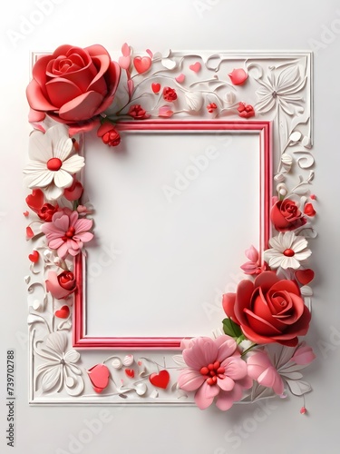 Beautiful frame with flowers and hearts on white background, top view. AI Generated © Sharmin18april