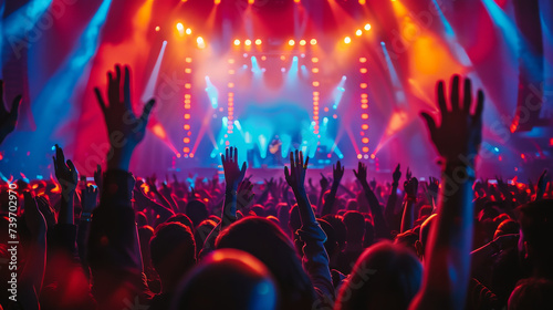 An enthusiastic crowd with raised hands enjoying the electric atmosphere of a live concert, bathed in vibrant stage lights.