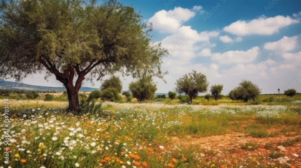 Naklejka premium tree in blooming flowers meadows