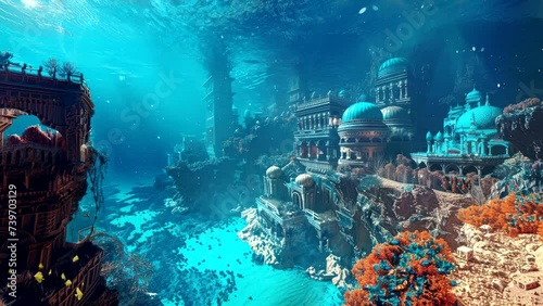 an ancient city under sea water. Seamless looping time-lapse virtual 4k video animation background photo