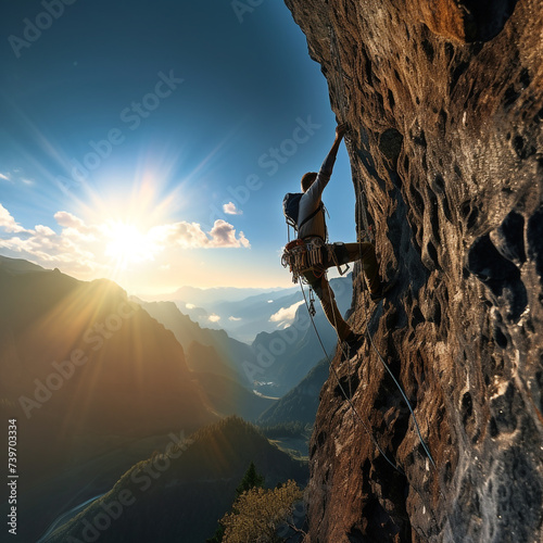 Silhouette of a man climbing on the rock