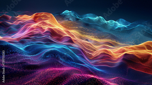 Abstract landscape in virtual reality technology incorporating glitch artwork with neon lights effects
