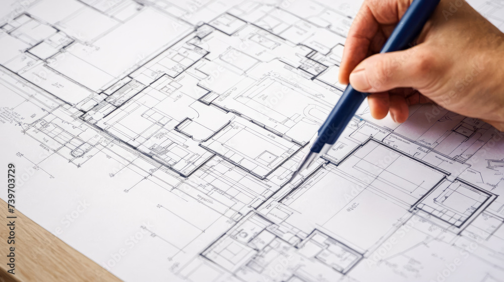 Home Remodeling Blueprint Review. Professional reviewing and making changes to detailed architectural plan for home remodeling, focusing on layout adjustments and design improvements Home Remodeling Blueprint Review. Professional reviewing and making changes to detailed architectural plan for home remodeling, focusing on layout adjustments and design improvements