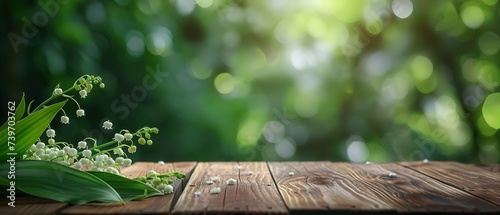 An empty wooden table with fresh lily of the valley with blurry nature backdrop and empty space, Generative AI photo