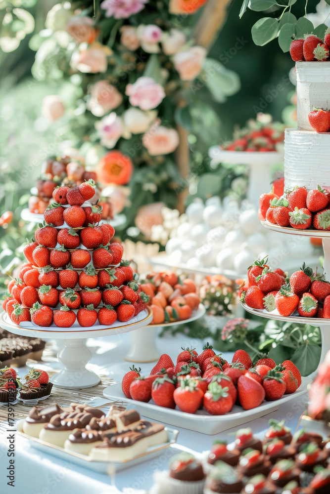 Indulge in a delightful outdoor dessert table featuring strawberries in chocolate, set against a backdrop of sky-blue and light gold, perfect for AI generative projects.