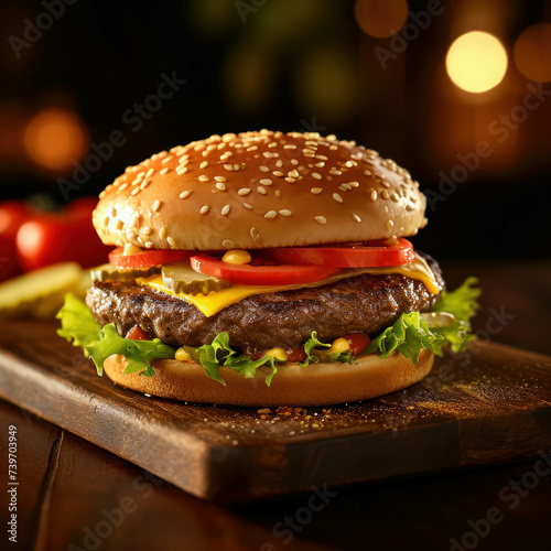 Satisfy your craving with a tantalizing view of a McDonald's Angus Beef Burger in food photography, accentuated by its brown desktop and bright, golden background.