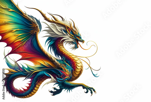 Rainbow Asian legends monsters. Mythical monster with long tail from China legend, myth. Oriental fairytale fantasy reptiles, eastern fiction lizard on white background ai generative