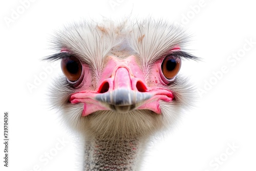 Close-up ostrich's head in front isolated on white background. Funny bird portrait. Animal face
