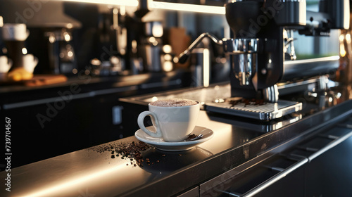 Modern coffee experience  glossy bar counter  ceramic mug  and steamy coffee machine. AI generative.