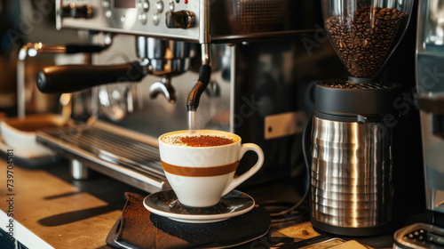 Sleek bar counter displaying fragrant coffee mug and coffee machine with steam. AI generative.