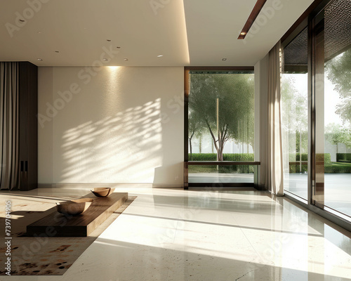 Luxurious living space in a modern minimalist home flooded with sunlight. AI generative. © น้ำฝน สามารถ