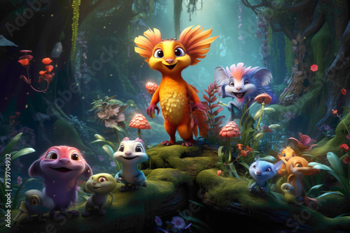 Whimsical 3D cartoon animals in a fantasy forest, showcasing a variety of expressions and interactive scenes