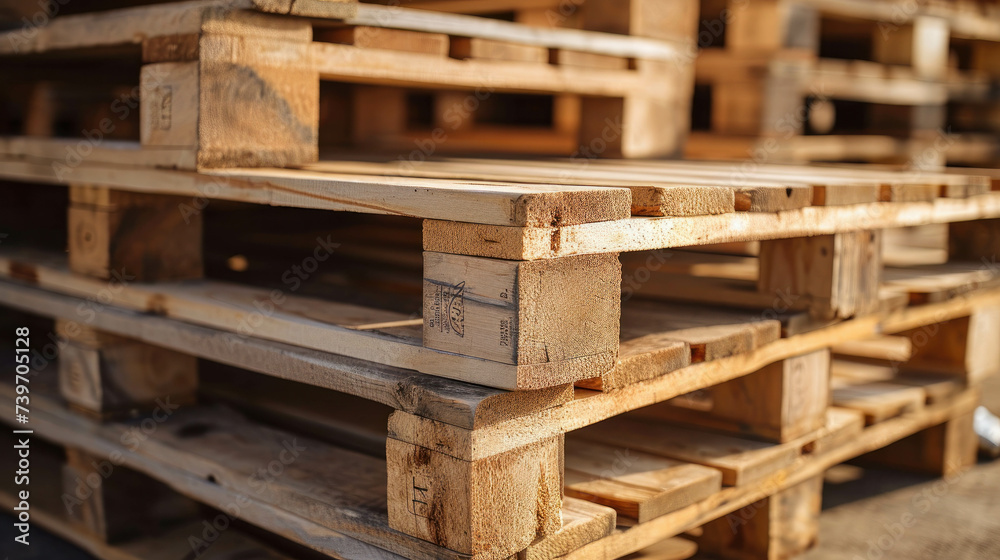 Immerse yourself in the world of manufacturing and distribution with a stack of wooden pallets at a factory warehouse, depicting the organized storage of goods. AI generative. Immerse yourself in the world of manufacturing and distribution with a stack of wooden pallets at a factory warehouse, depicting the organized storage of goods. AI generative.