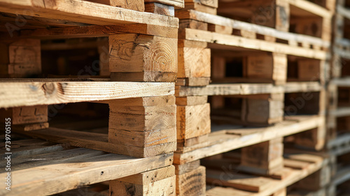 Immerse yourself in the world of manufacturing and distribution with a stack of wooden pallets at a factory warehouse, depicting the organized storage of goods. AI generative.