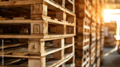 Discover the organization of industrial wood pallets stacked at a factory warehouse, highlighting the efficiency of logistics and transportation. AI generative.