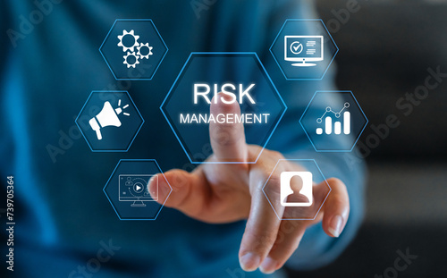 Human hand touching on risk management and assessment for business investment concept. business, technology, internet and network concept, forecasting evaluation financial business concept
