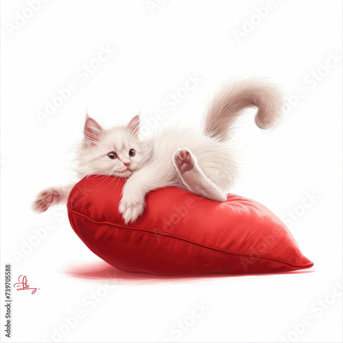 Experience the whimsy of a Turkish Angora kitten's playful pursuit of its tail in this delightful illustration set against a serene white backdrop. AI generative. photo