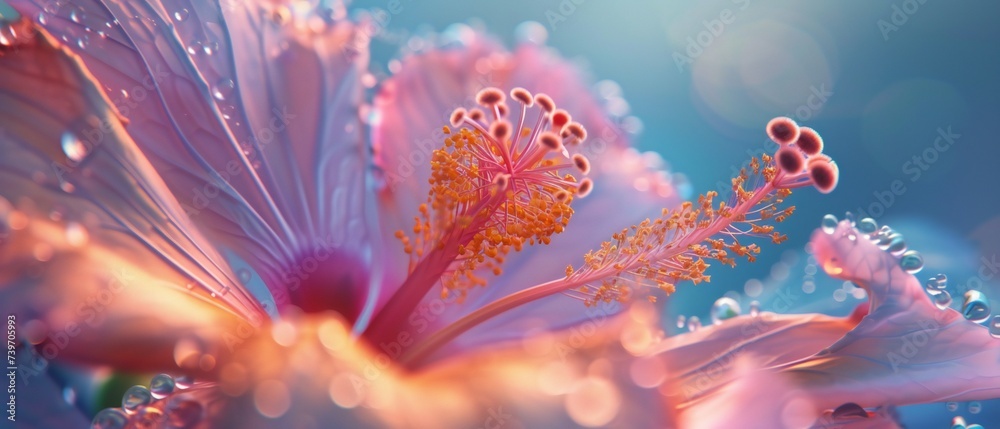 Obraz premium Cosmic Hibiscus: Hibiscus blooms seem to capture the essence of cosmic particles, radiating an otherworldly luminescence.