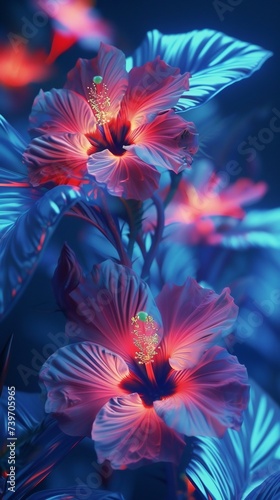 Cosmic Brilliance: Hibiscus blossoms radiate a cosmic brilliance, their luminescent petals capturing the imagination with their ethereal glow.