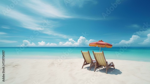 Photography of beach chairs and an umbrella on the white beach on a sunny day with a turquoise sea.