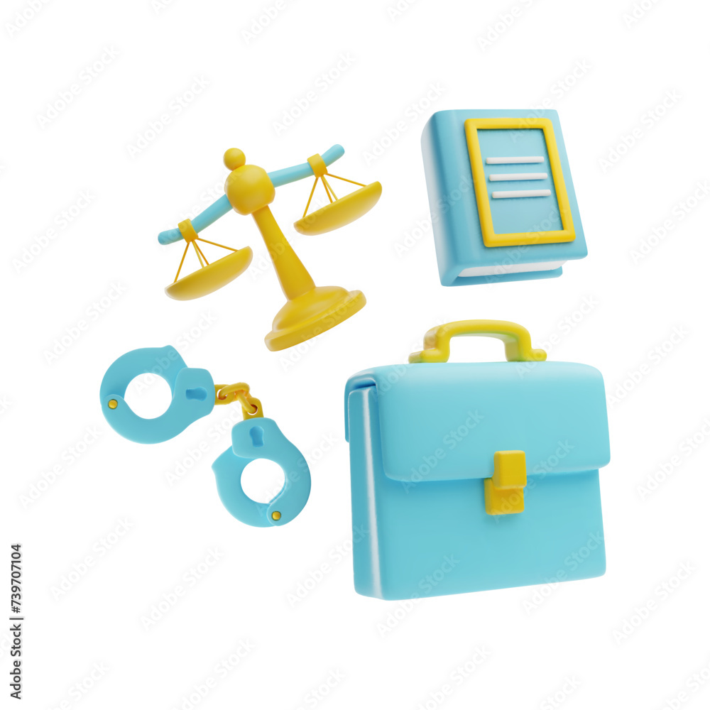 Legal justice service 3D composition, Labor law symbols set, cartoon vector libra, rules documents, handcuffs briefcase Legal justice service 3D composition, Labor law symbols set, cartoon vector libra, rules documents, handcuffs briefcase