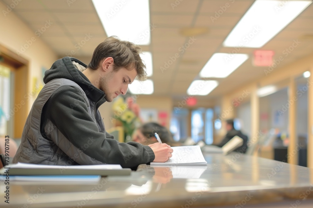 Man in grey jacket concentrated on writing on a form at a corridor table with blurred background. Hospital queue Man in grey jacket concentrated on writing on a form at a corridor table with blurred background. Hospital queue