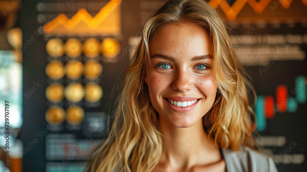 Portrait of smiling young woman using digital tablet while standing in cafe and stacks of gold coins Portrait of smiling young woman using digital tablet while standing in cafe and stacks of gold coins