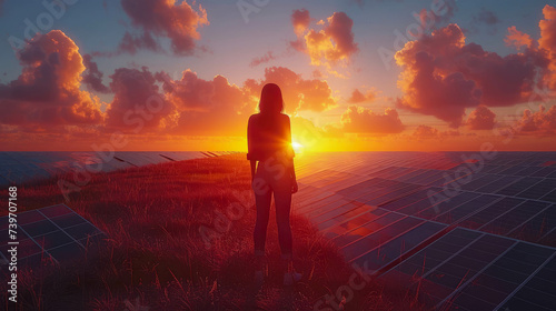 Woman and solar panels at sunset
