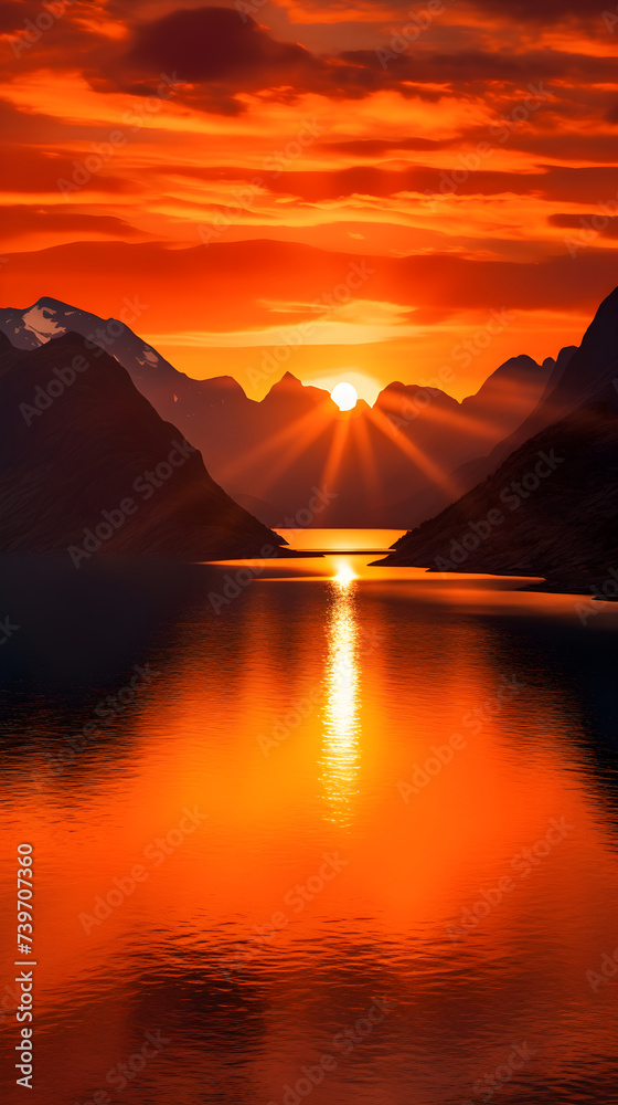 Stunning Vista of Fjord at Sunset: Mountains Reflecting on Calm Waters under Fiery Twilight Sky