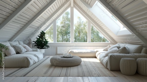 Living room interior in the attic, contemporary style, 3d rendering. Generative Ai