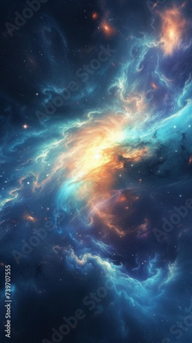 A vibrant cosmic nebula swirls with blues and oranges against the backdrop of space.