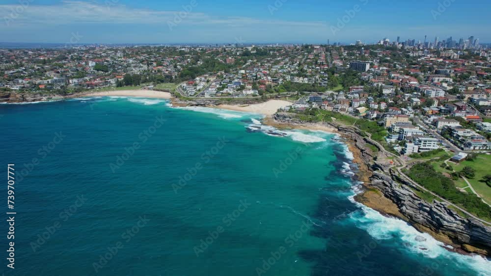 Panoramic View Of Tamarama And Bronte Beach In Summer In Sydney, NSW, Australia - Drone Shot Panoramic View Of Tamarama And Bronte Beach In Summer In Sydney, NSW, Australia - Drone Shot