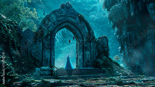Fantasy night scene with stone archway, ruins, moonlight in the mystical forest