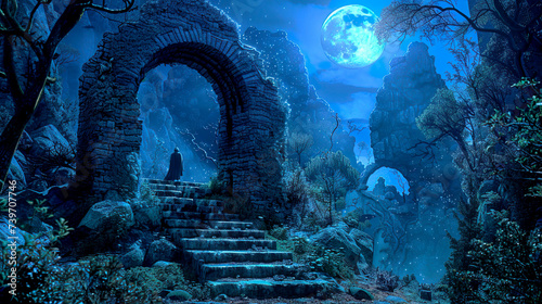 Fantasy night scene with stone archway, ruins, moonlight in the mystical forest © Outlander1746