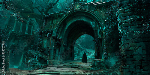 Fantasy night scene with stone archway, ruins, moonlight in the mystical forest