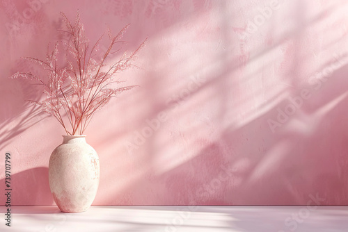 A mockup of an empty painted wall and a vase with bouquets of flowers photo