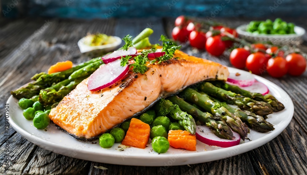 Grilled salmon with vegetables. Bean and asparagus healthy food in a plate Grilled salmon with vegetables. Bean and asparagus healthy food in a plate