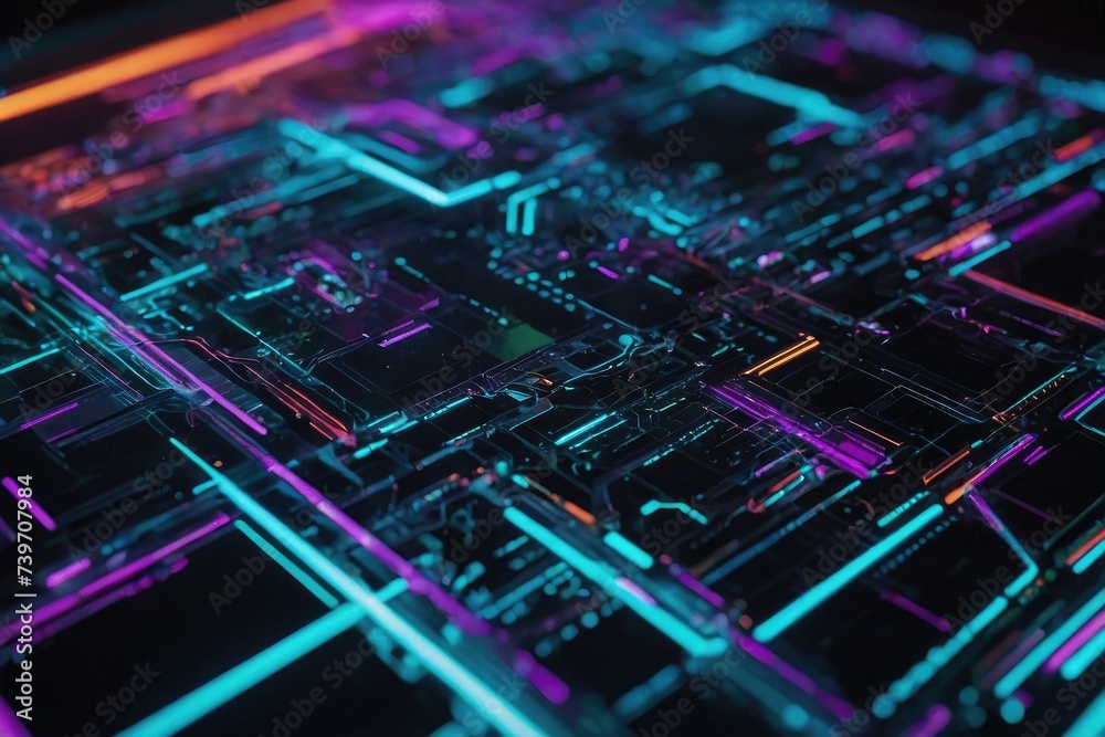 Futuristic Circuit Board Abstract Glowing Elements in Technicolor Circuitry