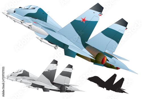 Russian twin engine jet fighter image illustration (blue camo and monotone, black silhouette set)