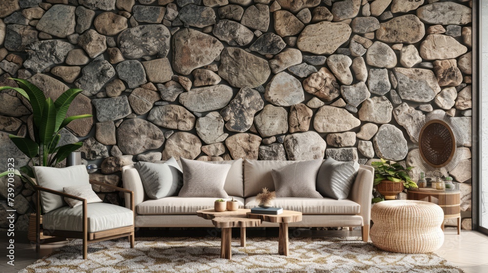 Obraz premium Living room interior natural rock wall, 3d rendering. Generative Ai
