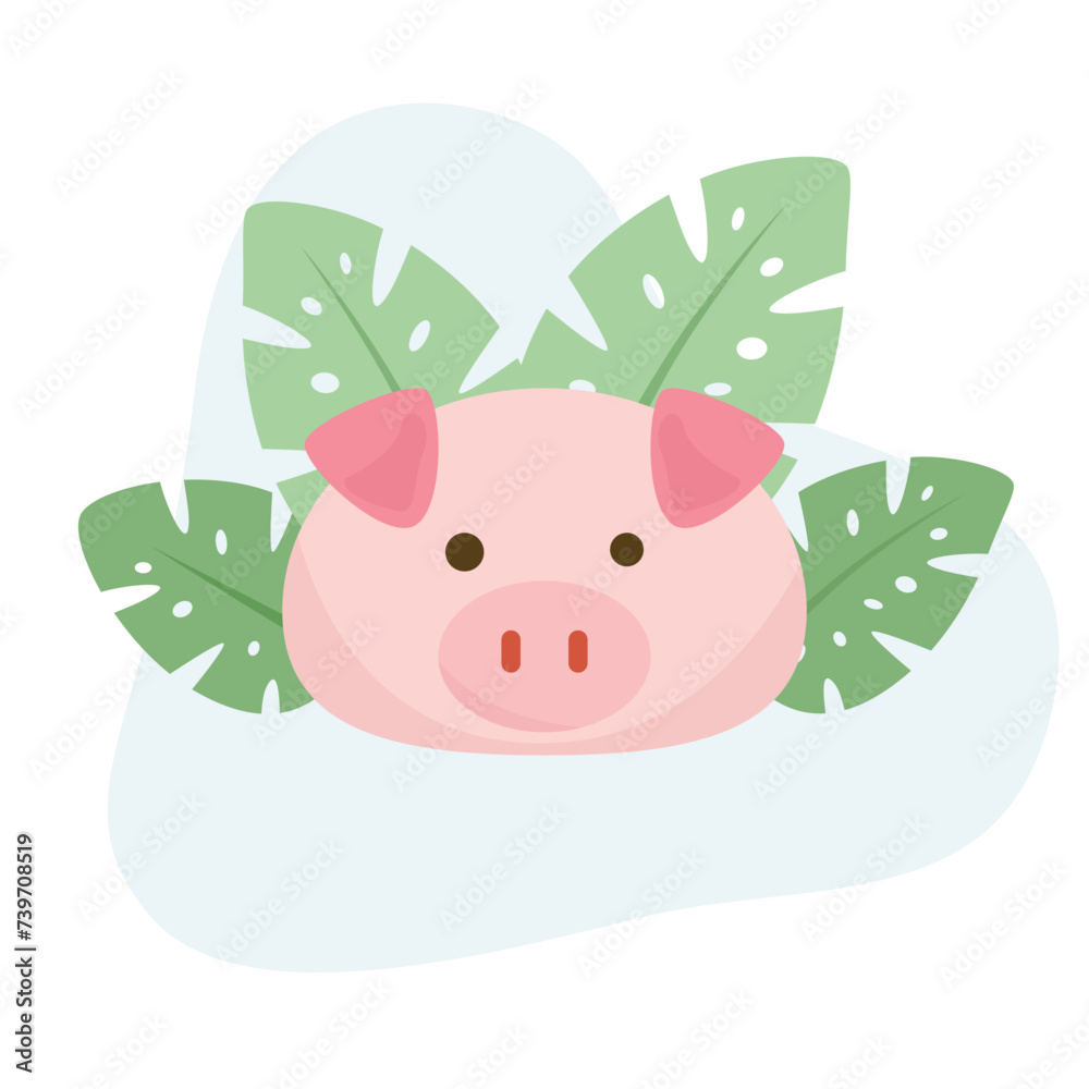 Obraz premium Pig flat vector Illustration icon decorated with leaves for web use for farm animal, pork, piglet.