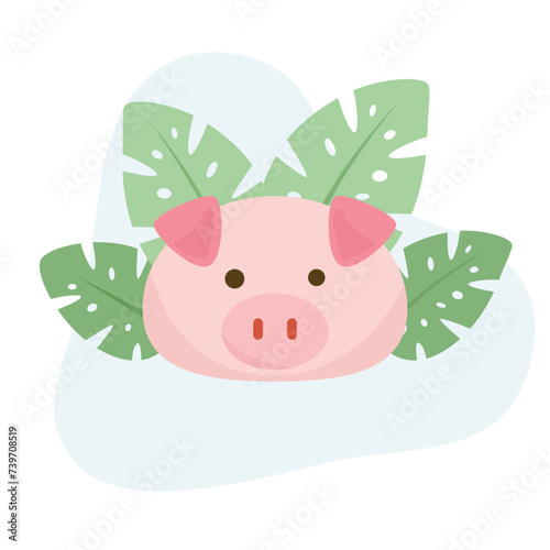 Pig flat vector Illustration icon decorated with leaves for web use for farm animal, pork, piglet.