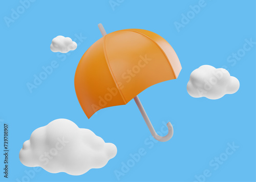 Flying orange umbrella and clouds on blue sky, 3D vector cartoon weather forecast icon, insurance protection or safety
