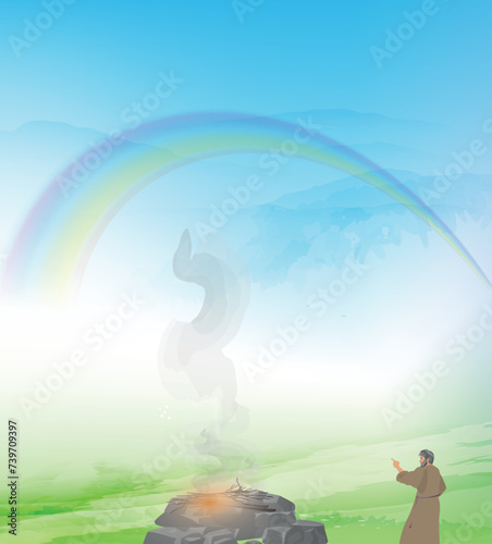 Covenant of the Rainbow. Noah. Biblical illustration. Genesis 9:13-14 I set My rainbow in the clouds, and it shall be a sign of a covenant between Me and the earth.Bible series. Illustration for Bible