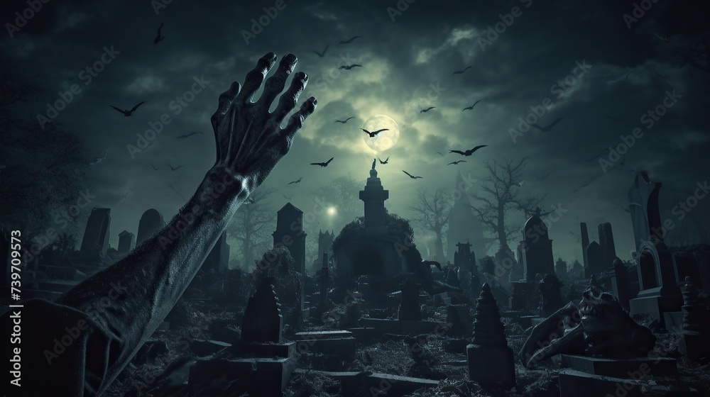 Zombie hand in dark forest. Halloween concept - obrazy, fototapety, plakaty 