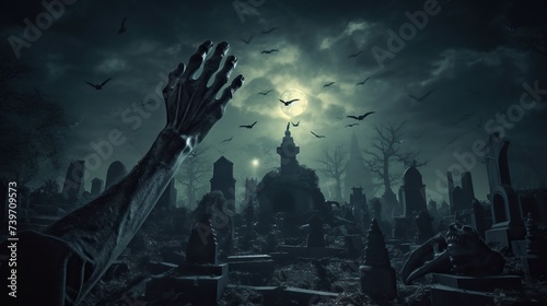 Zombie hand in dark forest. Halloween concept