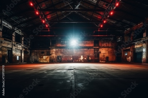 Dark modern concert music venue with an industrial atmosphere  ceiling lights shining onto the stage