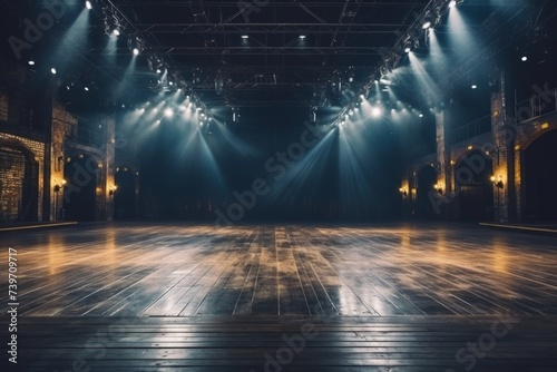 Dark modern concert music venue with an industrial atmosphere, ceiling lights shining onto the stage photo